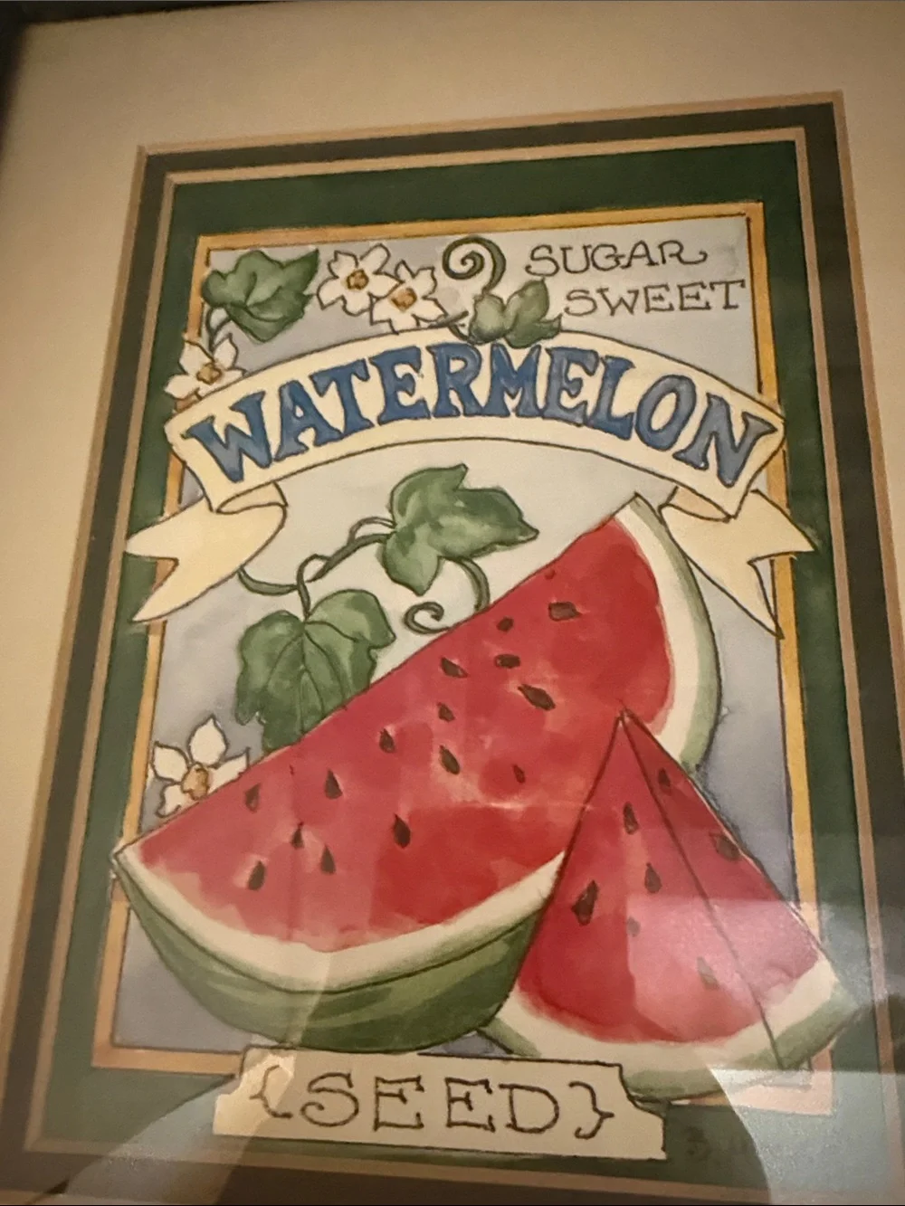 “Large Watermelon Seed Packet” framed picture of a watermelon seed packet.